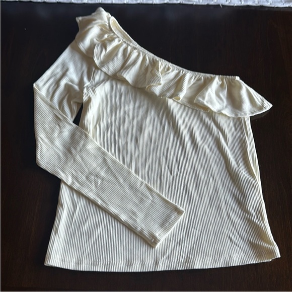J. Crew One-shoulder Ivory ruffle neck top in vintage rib, Size M - Picture 2 of 6